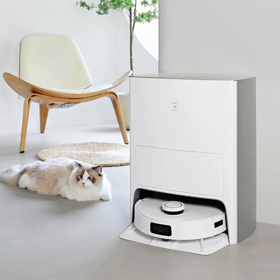 ECOVACS robot vacuum and cat laying under chair ECOVACS robot vacuum and cat laying under chair